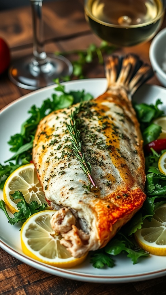 Herb-crusted branzino on a plate garnished with lemon slices and herbs, served with a glass of white wine.